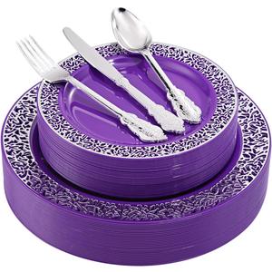 U-QE 150PCS Purple Silver Plastic Plates with Silver Silverware, Silver Party Supplies for 30 Guests Include 30 10.25" and 30 7.5" Plates, 30 Forks, 30 Knives, 30 Spoons