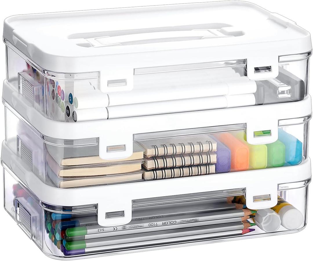 BTSKY 3 Pack Clear Plastic Storage Box with Handle & Flap Lid, Portable Craft Organizers and Storage Box Art Supply Storage Organizer Multipurpose Plastic Sewing Box for Beads Pencils Sticky Notes