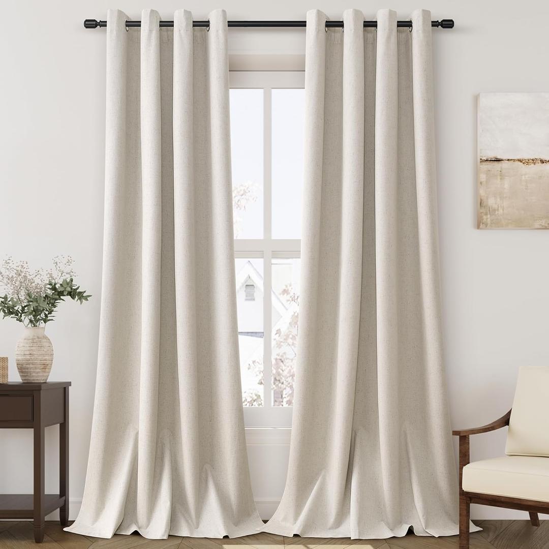 100% Blackout Linen Curtains for Bedroom Thermal Insulated Grommet Complete Blackout Drapes 102 Inch Length 2 Panels Set Heat and Full Light Blocking Living Room Darkening Curtains Greyish Beige