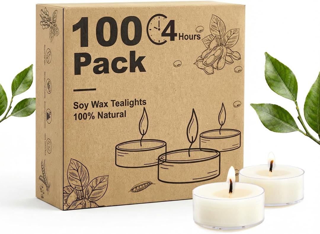 Unscented Soy Tea Lights Candles 100 Pack Bulk, 4 Hours Long Burning White Tea Lights,Non-Paraffin, Smokeless, Mini Tealight Votive Candles for Wedding, Table Centerpiece, Christmas Lights
