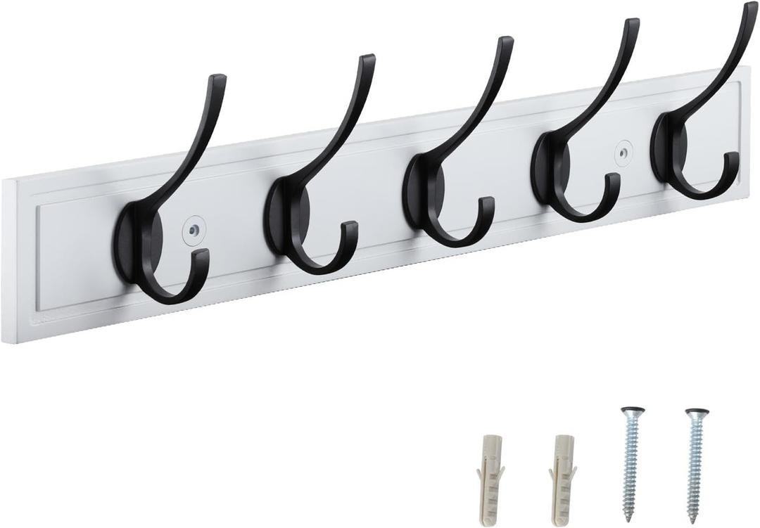 HOME MASTER HARDWARE Coat Rack Wall Mount White, Wood Wall Mounted Coat Hooks for Hanging Coats, 27" Hat Rack for Wall with 5 Matte Black Hooks (27 Inch, White Board with Matte Black Hooks)