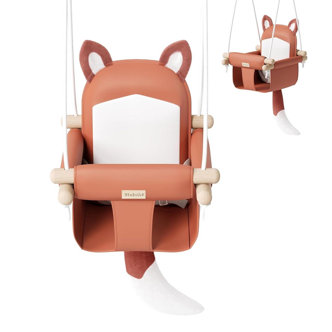 Wooden Baby Swing with Soft Safety Belt, Cozy Infant Swing Seat for Indoor & Outdoor Use, Adjustable Height, Includes Mounting Hardware  Suitable for Babies & ToddlersFox-Themed in Red