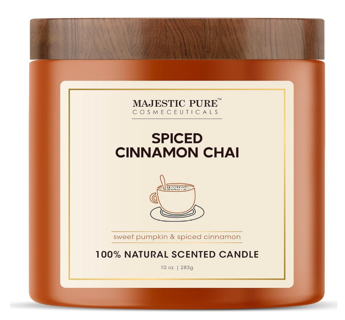 Majestic Pure Pumpkin Cinnamon Scented Candle with Upto 45+ Hrs Burn Time, 2-Wick Candle, Soy Wax Blend for Cleaner Consistent Burn, 10 oz Jar Candle with Room Filling Fragrance, Spiced Chai