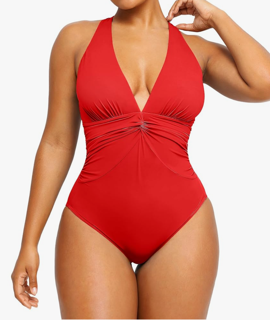 SHAPELLX Women's One Piece Swimsuit Tummy Control Ruched Full Coverage Bathing Suit V Neck Slimming Swimwear, Large