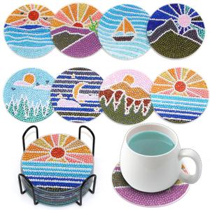 Libfx Diamond Art Coasters Kit with Holder, 8 Pcs Diamond Art Coasters for Adults Kids Beginners Crafts Gifts (Sun-Moon)