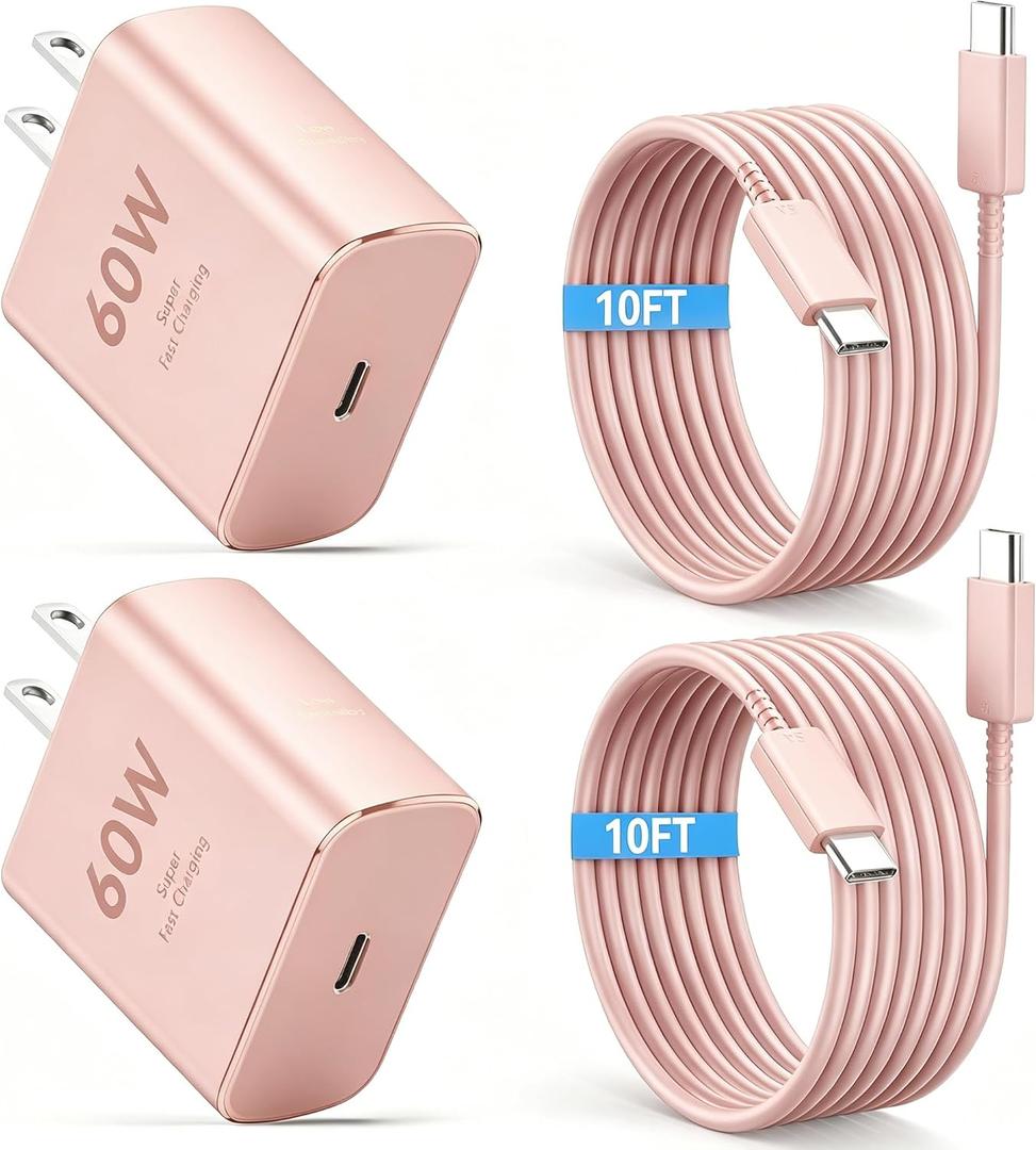 60W USB C Super Fast Charger Type C Android Phone Charger Fast Charging Block with 10ft USB-C to USB-C Cord Compatible with Samsung Galaxy S26 Ultra/S26/S26+/S25/S25 Ultra/S25+/S24, MacBook, iPad,pink