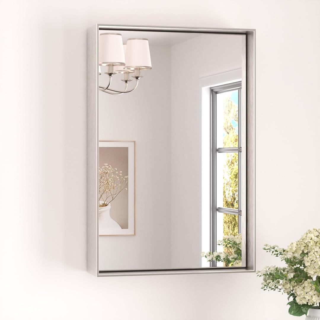 Keonjinn 16 x 24 in Brushed Nickel Bathroom Mirror, Rectangular Metal Framed Vanity Mirror for Wall Square Corner Aluminum Alloy Modern Rectangle Mirror(Horizontal/Vertical)