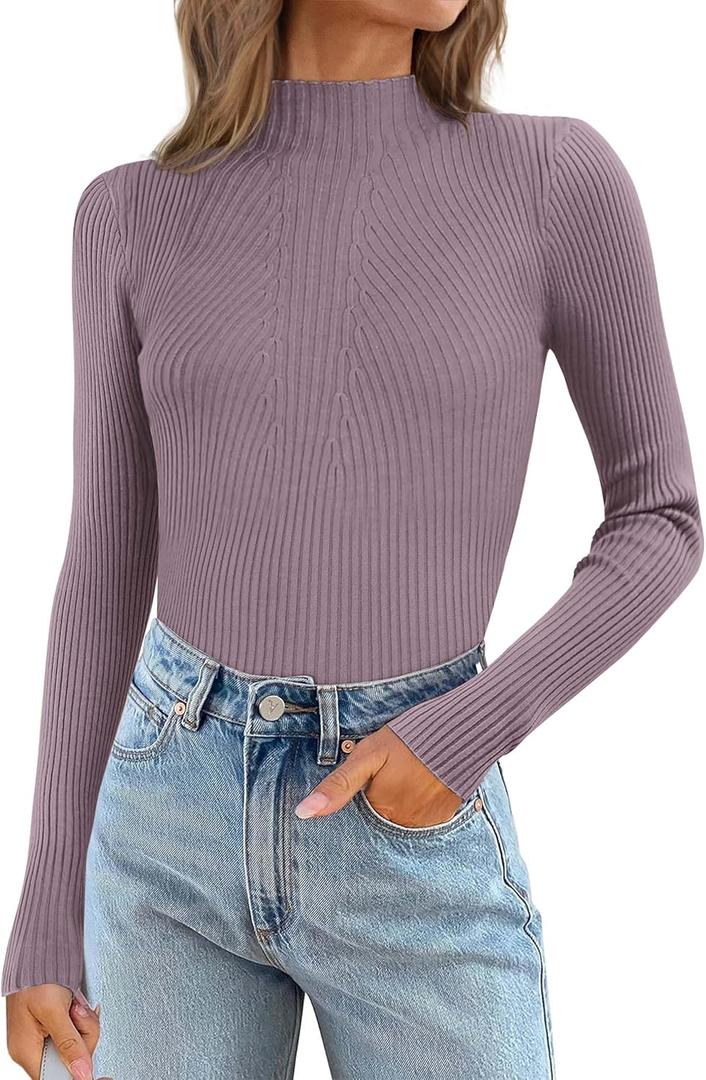 ATHMILE Women's 2026 Fall Long Sleeve Pullover Ribbed Knit Sweater Low Mock Neck Slim Fit Basic Casual Tee Tops (S)