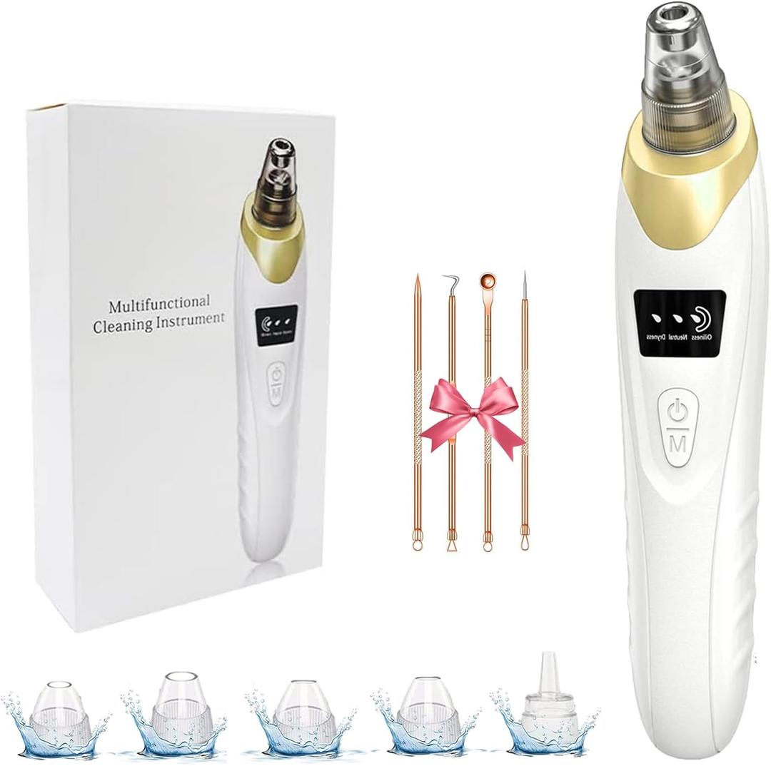 2026 Pore Vacuum Blackhead Remover, Rechargeable Facial Pore Cleaner with 3 Suction Modes, 5 Replaceable Heads & 4 Extraction Tools, Deep Cleansing Skin Care Tool for Face Nose, Gift for Women-Gold