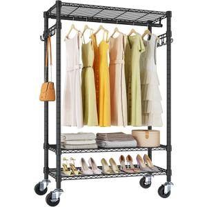 VIPEK R3 Heavy Duty Garment Rack with Lockable Wheels, Portable Rolling Closet with Adjustable Shelves & Hanging Rod & Side Hooks, Compact Space-Saving Storage for Small Apartments/Dorms (Black)