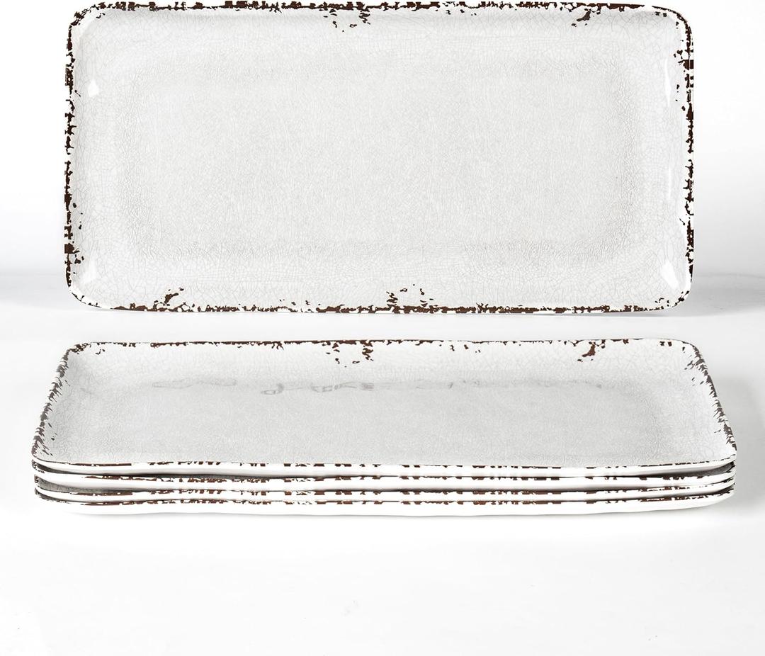 4-Pack 14" x 7" White Serving platter Set, Reusable Farmhouse Melamine Serving Platters for Cookie, Appetizer, Charcuterie, Snack, Party Food Display - Stackable Kitchen CounterTop Tray.