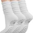 Grip Pilates Socks for Women, Yoga Slouch Socks with Grip for Barre Workout Hospital Long Scrunch Slipper Socks (3 Pairs White) 6-10 Size