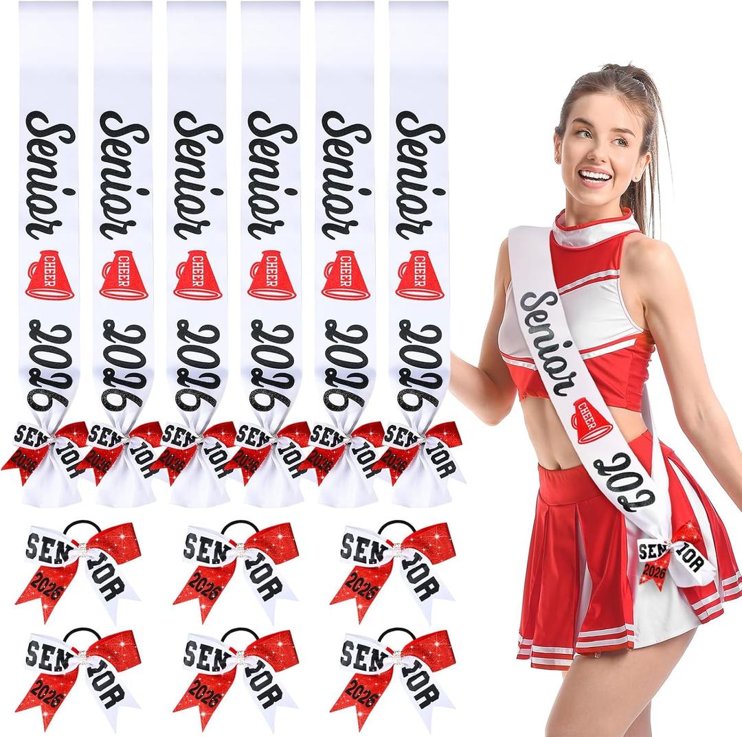 6 Set Senior Sash 2026 Sport Satin Sash Glitter Cheer Hair Bow Senior Night Decor Cheerleader Gift Girl(Red White)
