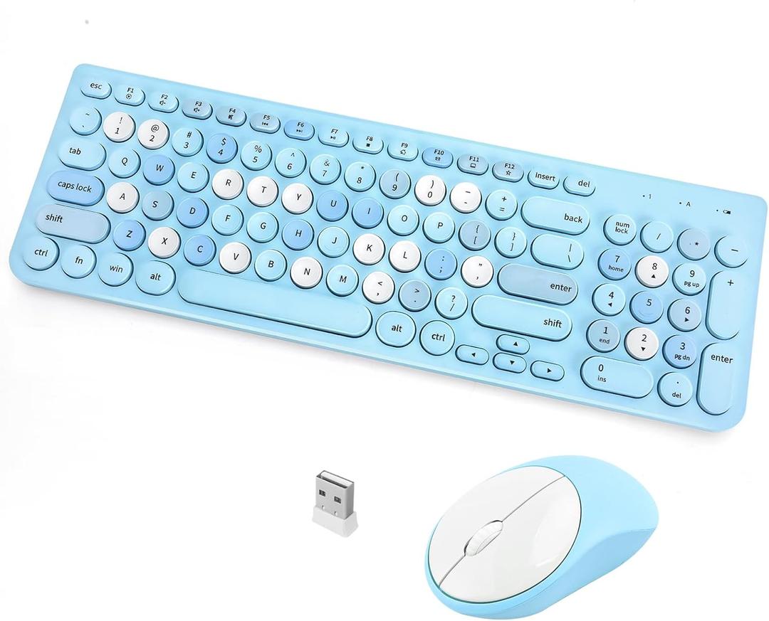 Wireless Keyboard and Mouse Combo, Retro Typewriter Keyboard with Round Keycaps, 2.4GHz USB Cute Wireless Keyboard Mouse for Computer, Desktop, Laptop (Blue Colorful)