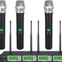GTDaudio 4x800 Adjustable Channels UHF Diversity Wireless Cordless Handheld Microphone Mic System Ideal for Church, Karaoke, Dj Party, Range 450ft (4 Handheld Mics)