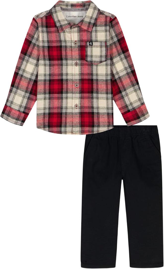Calvin Klein Boys' 2-piece Long Sleeve Woven Shirt and Pants Set (4, Plaid/Black)