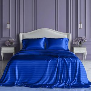 SLEEP SANCTUARY Satin Sheets King Size  4 Piece Luxury Silky Bed Set, Softer Than Silk, 15" Deep Pocket, Cooling & Wrinkle-Free, Moisture-Wicking & Breathable for Hair & Skin (Striped Blue)