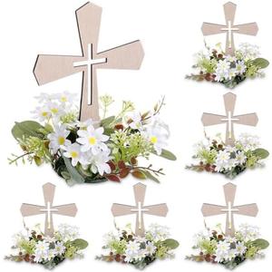 Novabright 6 Pcs Wooden Cross Table Centerpieces with 6 Pcs Floral Wreaths Standing Religious Decorations for First Communion, Baptism, Christening, Confirmation, Wedding Decor (White Wreath)