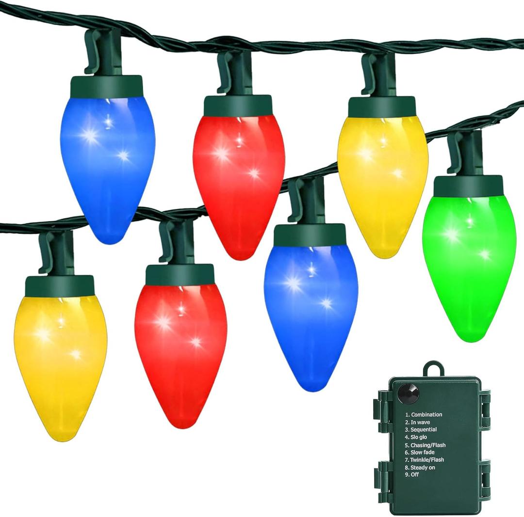 C7 60 LED Battery Operated Christmas Lights,Battery Powered Multicolor Waterproof Bulbs,21.3 FT 8 Modes with Auto On/Off Time for Xmas Tree Garden Patio Indoor Outdoor Christmas Decorations