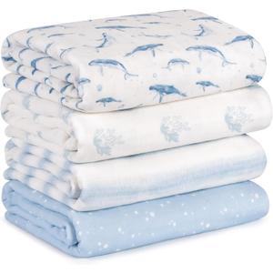 Muslin Swaddle Blankets for Newborn, 4 Pack Cotton Baby Blankets for Boys, Large 31.5 x 43.3 Breathable Soft Receiving Blanket, Essentials Swaddle Wrap Burping Clothes, Blue Whale
