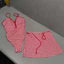 Verdusa Women's 2 Piece Gingham Lace Up Backless One Piece Swimsuit with Beach Cover Up Skirt Set, XL