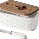 LE TAUCI Butter Dish with Lid for Countertop, Ceramic Butter Container, Embossed Butter Keeper with Acacia Wood lid, Knife, and Airtight Cover, Farmhouse Decor - Set of 1, Arctic White, Fireworks