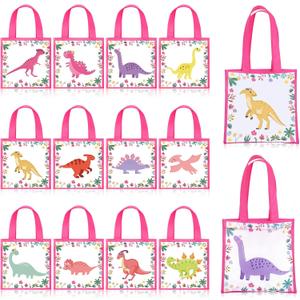 36 Pcs Pastel Dinosaur Gift Bags Bulk Dinosaur Gift Bag Small Non Woven Reusable Goodie Tote Bag with Handles for Three Rex Themed Birthday Girl Dinosaurs Party Favor Supply, 7.87 x 7.87 Inch