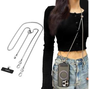 MAGEASY Cell Phone Chain Lanyard Crossbody with Tether Tab & Attachment Clip, Rust-Proof Metal Strap with 360 Rotatable Buckle Adjustable Length, Chic Anti-Theft Strap for iPhone (Silver), 45" to 52"