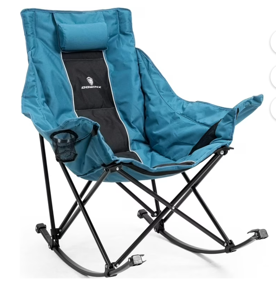 Dowinx Oversized Rocking Camping Chair, Fully Padded Patio Chair with Side Pocket and Carry Bag, High Back Portable Lawn Recliner with Headrest, Support 300 lbs, Blue