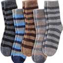LINEMIN Mens Fuzzy Socks Cozy Fluffy Winter Warm Slipper Socks Microfiber Soft Home Sleeping Socks 5/6 Pairs (One Size, Blue/Brown/Black/Grey Stripe)