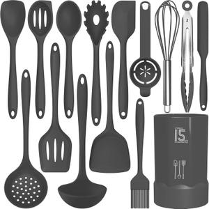 AOTHOD Silicone Cooking Utensils Set - 446F Heat Resistant Kitchen Utensils,Spatula Sets,Turner Tongs,Spoon,Kitchen Utensil Gadgets Tools Set for Nonstick Cookware,Dishwasher Safe BPA Free (Gray)