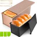 2Pack Pullman Loaf Pans with Lids  2.2 LB & 1 LB Dough Capacity, Non-Stick Carbon Steel Bread Pans for Homemade Sandwich and Sourdough Bread, Corrugated Toast Mold (Gold & Black)