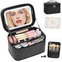 OCHEAL Makeup Bag With LED Mirror, Travel Makeup Bag With 3 Color Setting Light Up Mirror Cosmetic Makeup Organizer Vanity Case for Women Beauty Tools Accessories Rechargeable Makeup Travel Bag-Black