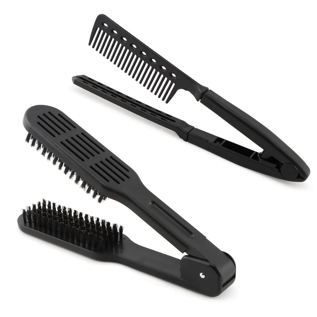 2Pcs Hair Comb For Straightening, Double Sided Bristle Hair Brush and V-Shape Styling Comb Set, Clamp Hai-r Brush Straightener for Wet/Dry/Fine/Thick Natural Hai-r(COLOR:Black)