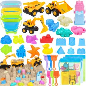 Beach Toys, 35Pcs Sand Toys with 3 Construction Vehicles, 3 Collapsible Beach Bucket, Sand Castle Building Kit, Sand Molds, Shovel Set, Mesh Bag, Travel Toys for Toddlers Kids Boys Girls