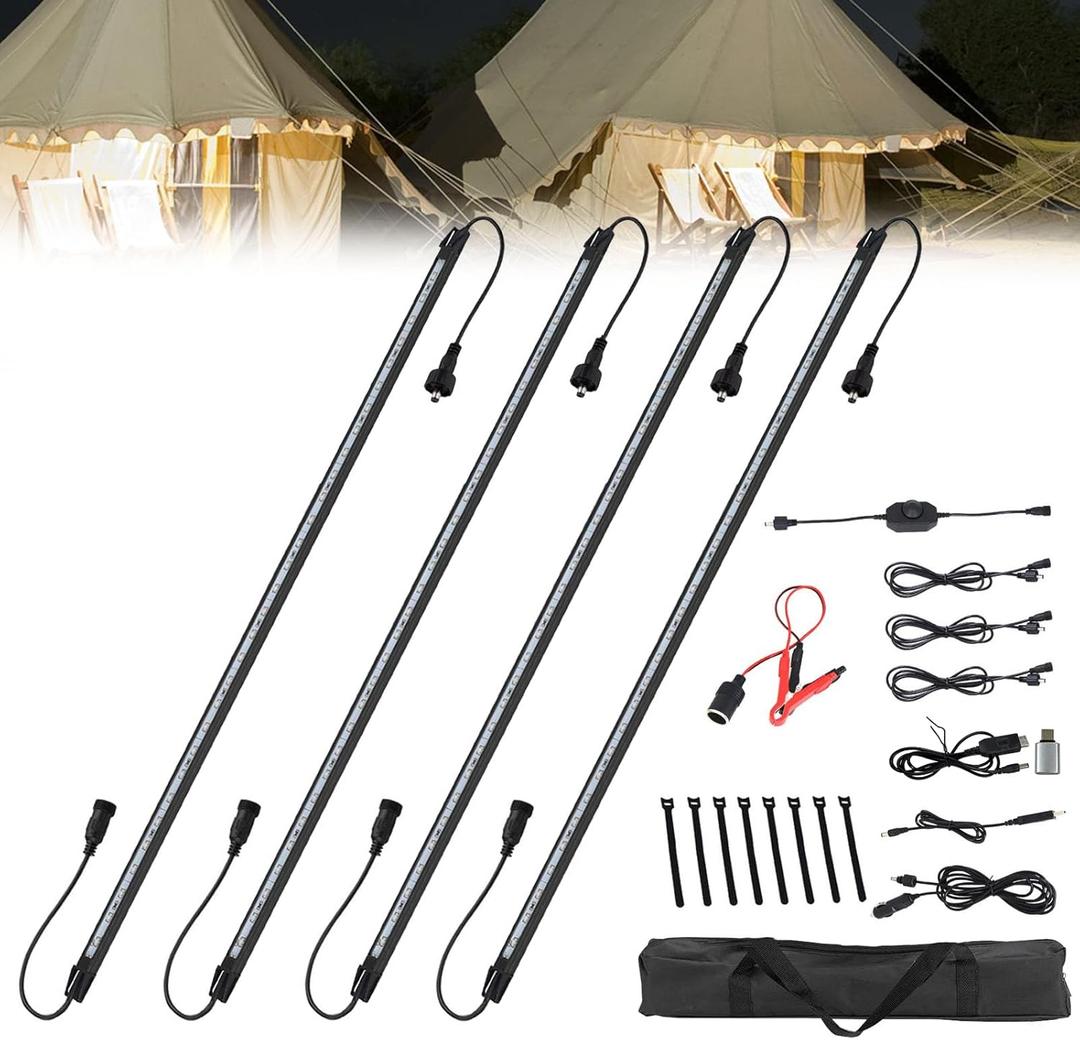 12V LED Light Bar Kit Dimmable IP67 Waterproof RV Interior Lights, 4 Bars White Aluminum Magnetic LED Light bar for RV, Camping Tent,Car.Black