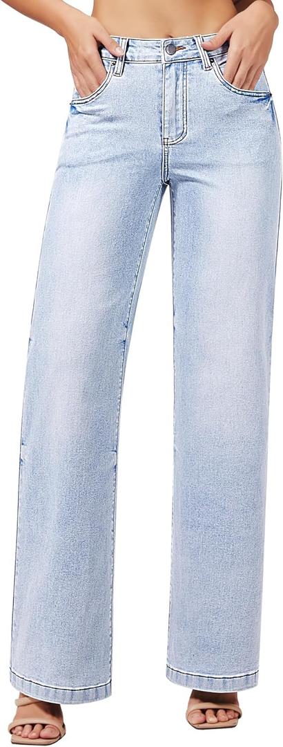 roswear Women's Wide Leg Jeans High Waisted Stretchy Denim Trouser Pants (X-Large, Light Blue)