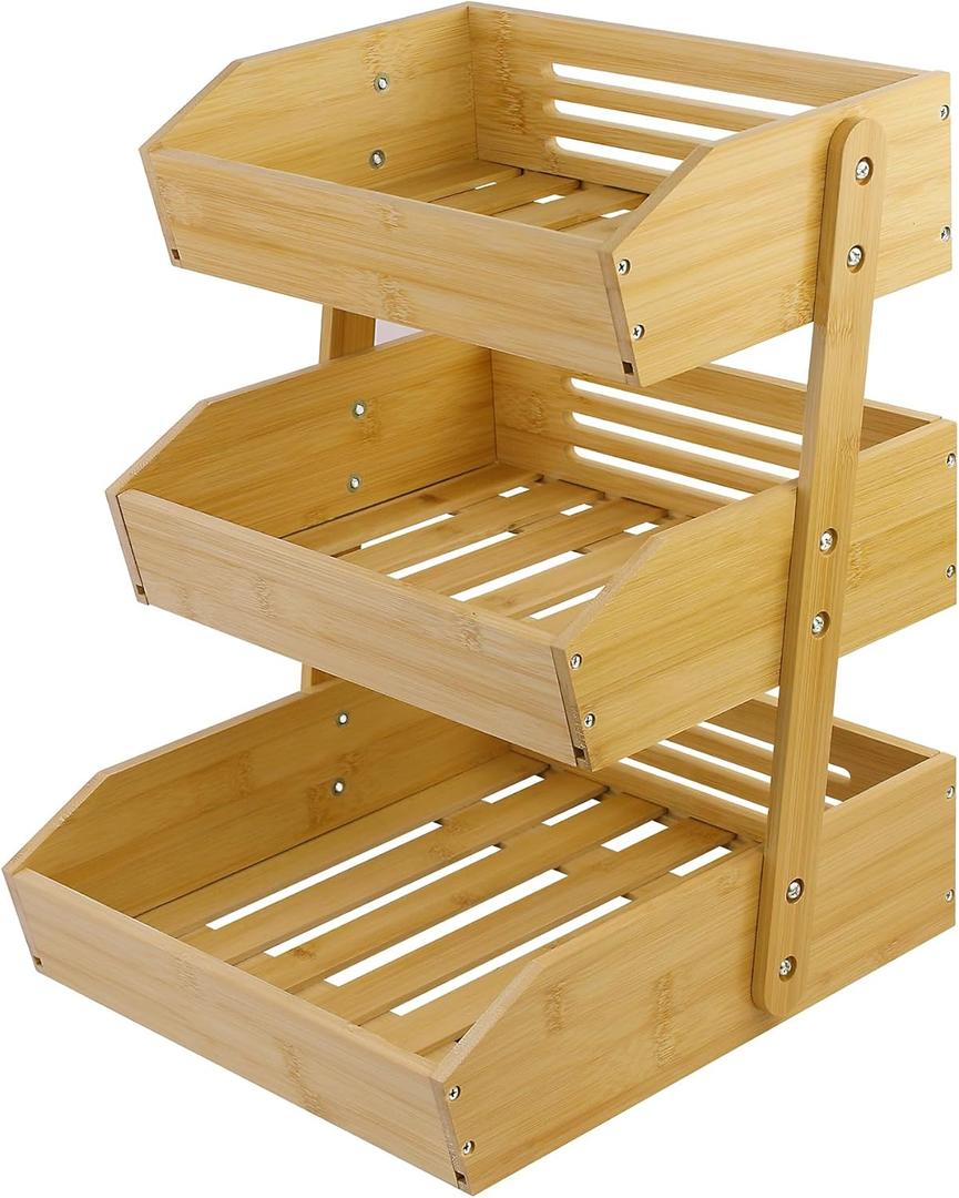 Fruit Basket for Kitchen Counter, 3 Tier Fruit Stand, Fruit Vegetable Storage Basket, Fruit Bowl for Kitchen Counter, Large Bamboo Basket Display Rack, Fruit Holder Produce Basket