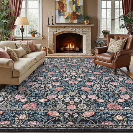 GarveeHome Indigo Blue and Pink Vintage Floral Washable 8x10 Area Rugs for Living Room Boho Retro Rug Low Pile Stain Resistance Non Slip Carpet for Bedroom Nursery Dining Room Amazon's Choice