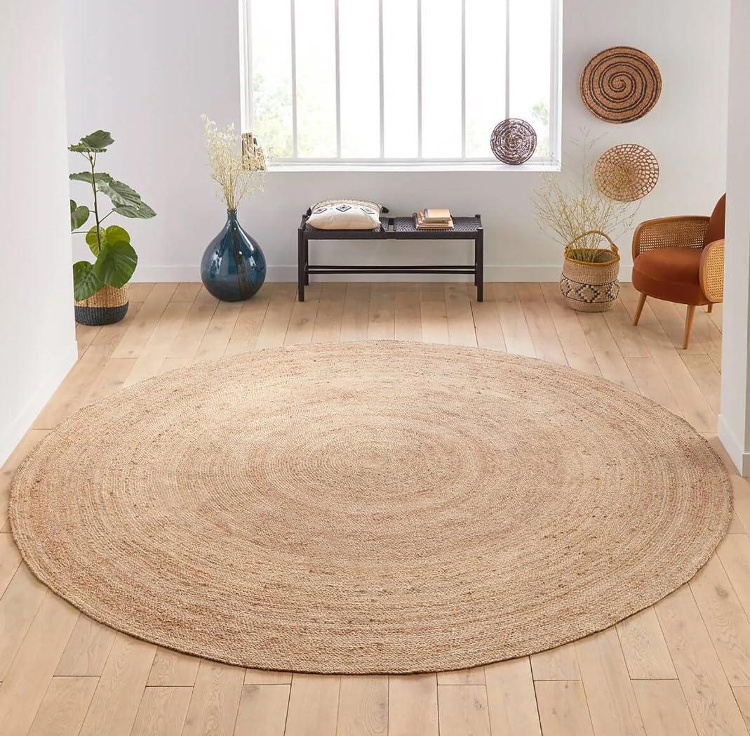 FRELISH DECOR Handwoven Jute Area Rug - 8 feet Round - Natural Yarn - Rustic Vintage Beige Braided Reversible Rug - Eco Friendly Rugs for Bedroom - Kitchen - Living Room - Farmhouse (8' Round)