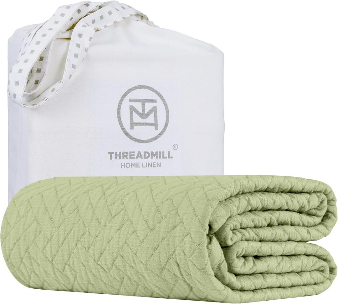 Threadmill Luxury Cotton Blankets for Queen Size Bed | All-Season 100% Cotton Queen Size Blanket | Criss Cross Cozy Lightweight, Soft Breathable Coverlet fits Full Size Bed, 90x92 | Sage Green