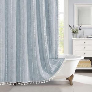 MitoVilla Blue Boho Fabric Shower Curtain, Modern Farmhouse Cotton Linen Shower Curtains for Vintage Rustic Bathroom Decor, Country Tassel Thick Cloth Shower Curtain, 72 x 72 (72"W x 72"L (Pack of 1))