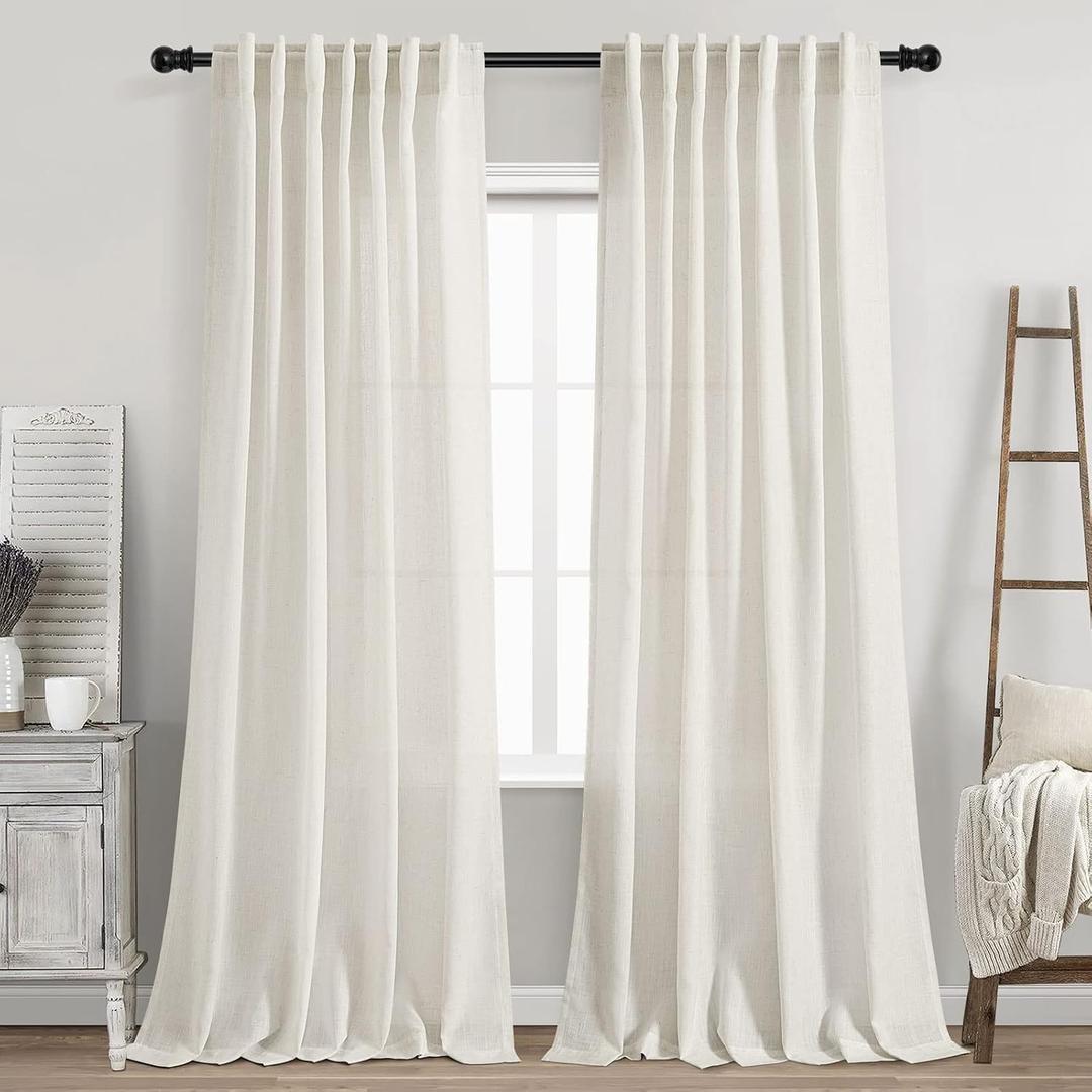 Cream Natural Linen Curtains 90 Inch Length 2 Panels Set for Living Room Rod Pocket Back Tab Pleated Window Curtain Drapes Neutral Rustic Farmhouse Decor Ivory Dining Room Curtain 90 inches Long, 52"W x 90"L