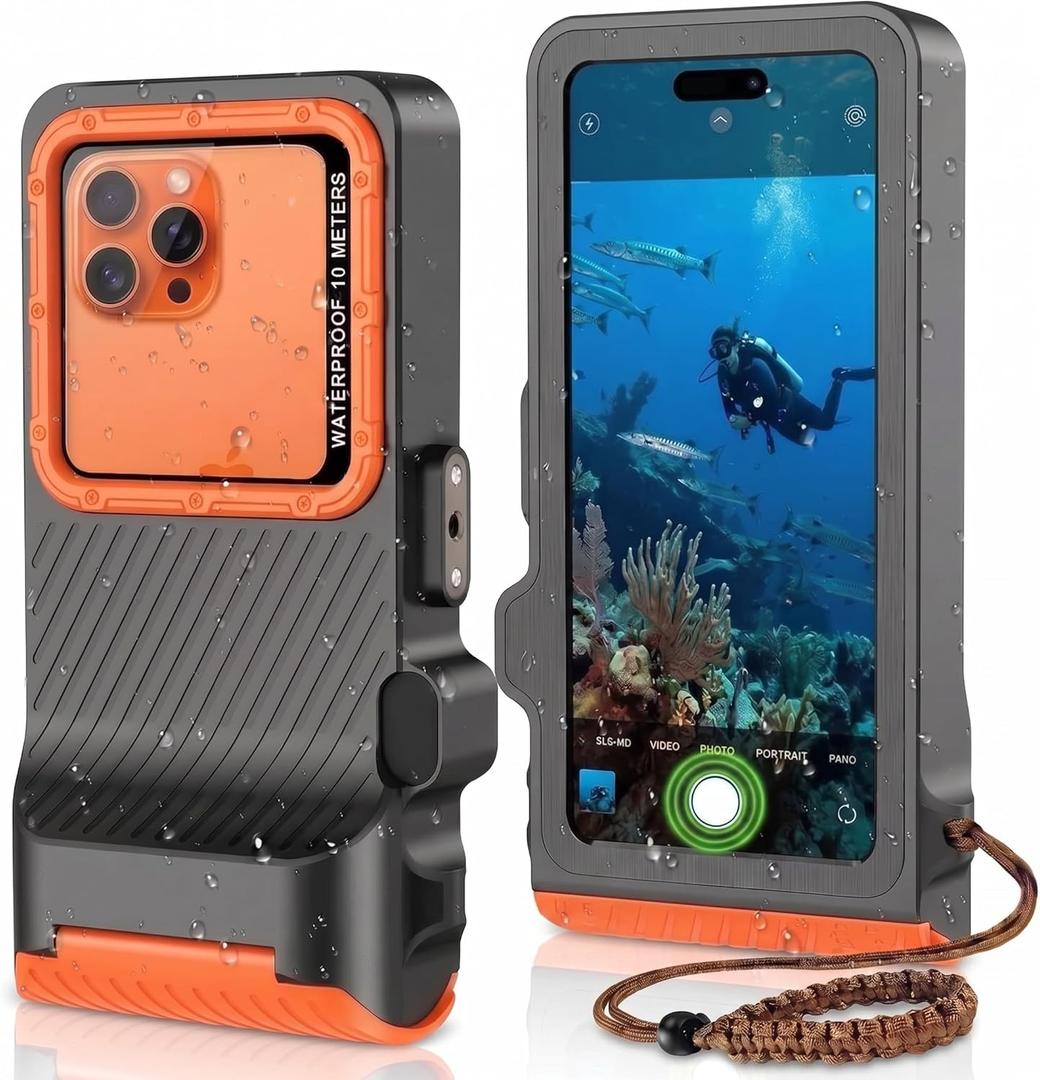 Diving Phone Case for iPhone 17 16 15 14 13 Pro Max Galaxy S25 S24 S23 Ultra, 50ft/15m Professional Waterproof Underwater Case with Real Touchscreen, Universal Camera Housing for Snorkeling (Orange)
