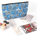 Xelbreelark Mini Mahjong Travel Set, American Travel Mahjong Game with 166 White Tiles (0.8"), Complete Portable Set Includes 4 Racks, Rules, Chips,Dice & Blue Printed Bag