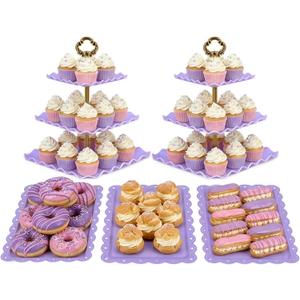 NWK 5 Piece Cake Stand Set with 2 x Large 3-Tier Cupcake Stands, 3 x Appetizer Trays, Perfect for Hosting Wedding Birthday Baby Bridal Shower Tea Party Decorations (Purple)