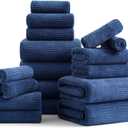 18 Pcs Navy Woven Family Towels Set-6 Bath Sheets,6 Hand Towels,6 Washcloths Soft Microfiber Towels Absorbent Shower Towel Quick Dry Beach Chair Towel Lint Less Towels Set for Bathroom Spa Gym Hotel