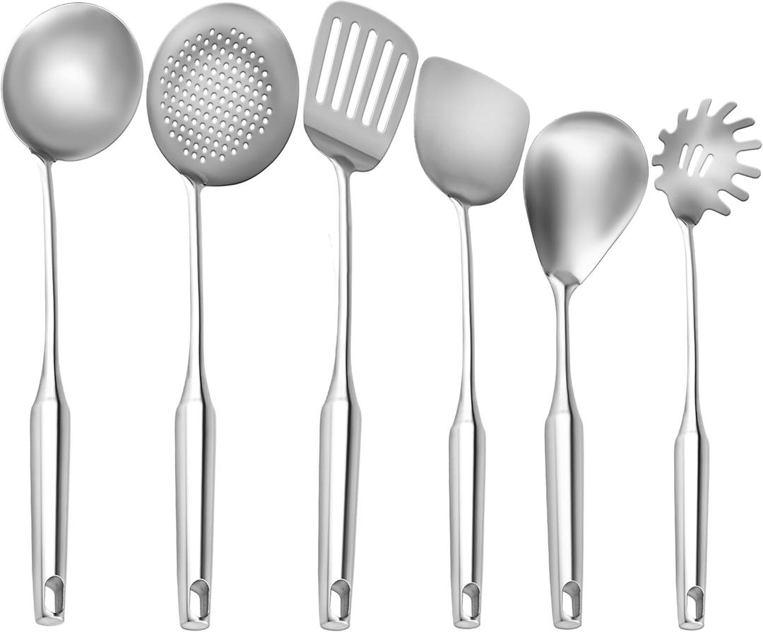 6 Pc Stainless Steel Cooking Utensils Set with Ergonomic Handles  Heat Resistant Kitchen Tools Includes Slotted Spatula, Skimmer Ladle, Spatula, Serving Spoon, Pasta Spoon Ideal for Cooking