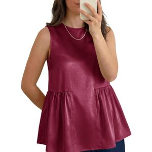 Tankaneo Womens Silk Satin Tank Tops Summer Dressy Casual Babydoll Sleeveless Shirts Peplum Pleated Loose Fit Blouses Medium