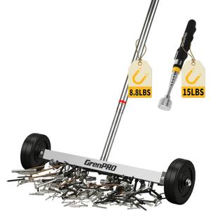 GRENPRO 17" Rolling Magnetic Sweeper with Wheels,8.8 Lbs Pull Force,Telescoping Handle,2-Pack Includes Magnetic Pickup Tool for Construction,Workshop,Garage & Yard